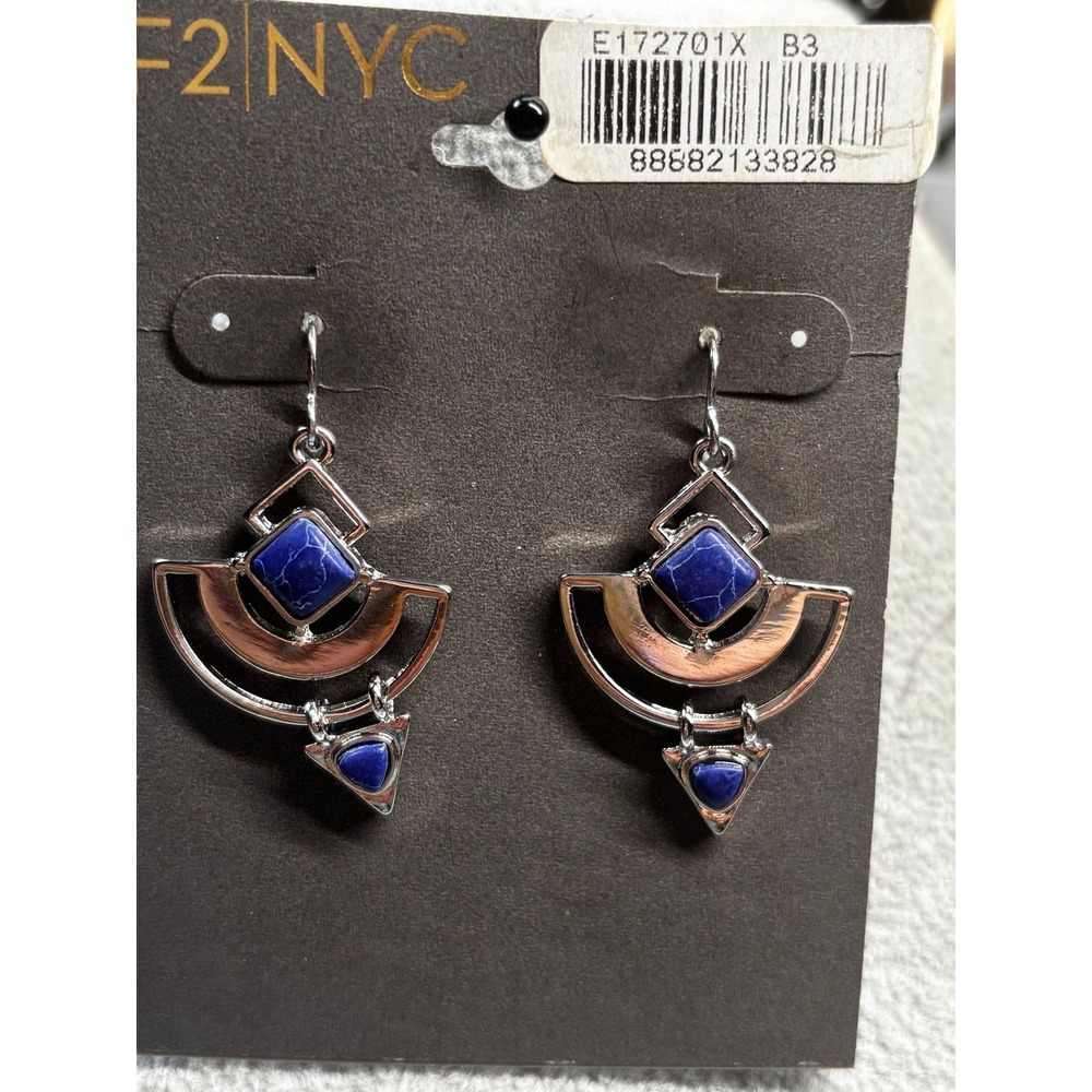 #11. F2 NYC Art Deco Geometric Dangle Earrings – Silver Tone with Blue Stone